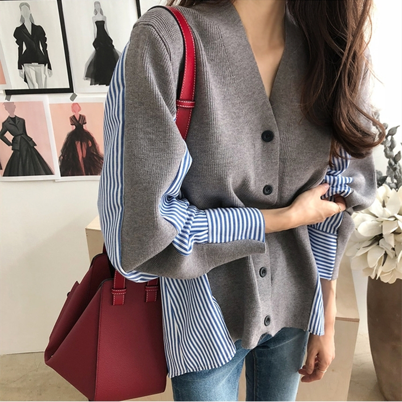 Pseudo-two knitted shirt splice cardigan for women