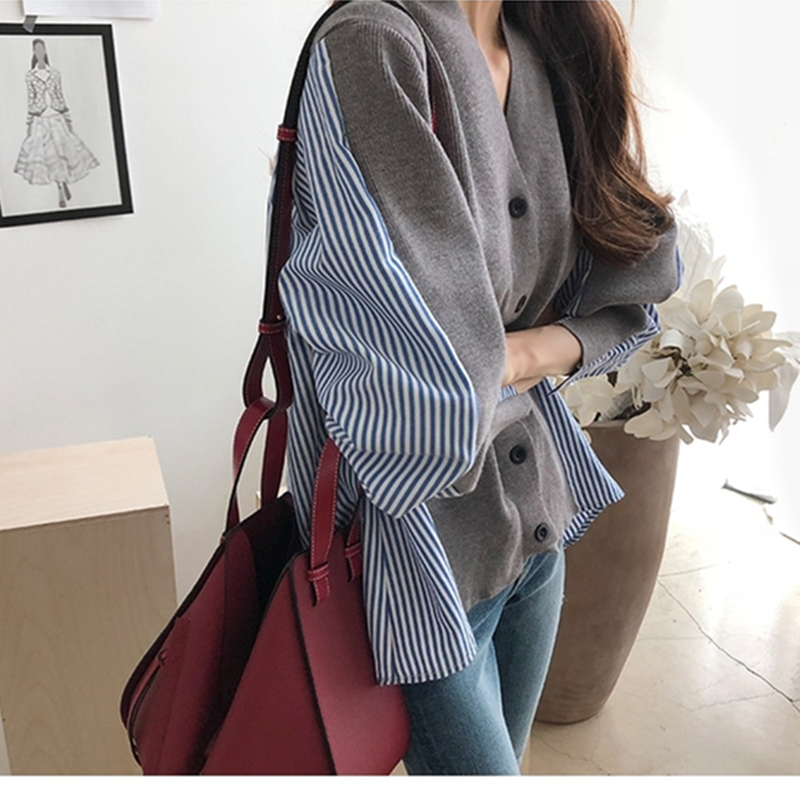 Pseudo-two knitted shirt splice cardigan for women