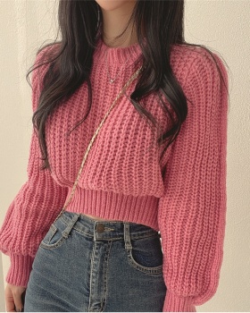 Short pinched waist sweater round neck tops for women