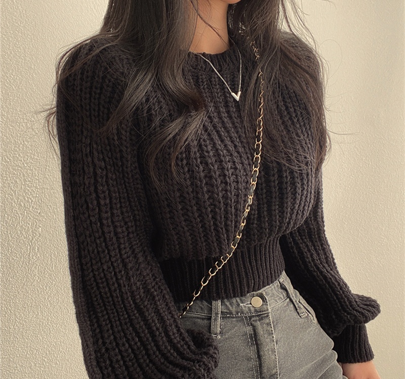 Short pinched waist sweater round neck tops for women