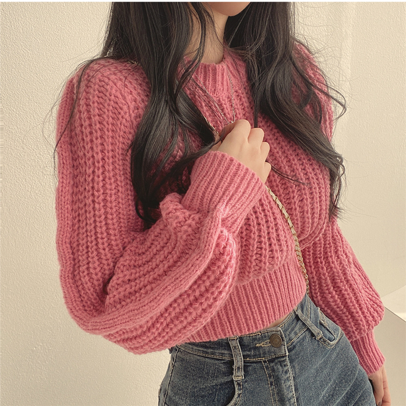 Short pinched waist sweater round neck tops for women