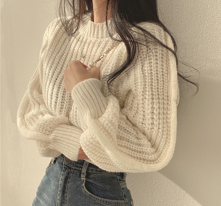 Short pinched waist sweater round neck tops for women