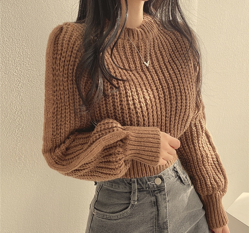 Short pinched waist sweater round neck tops for women