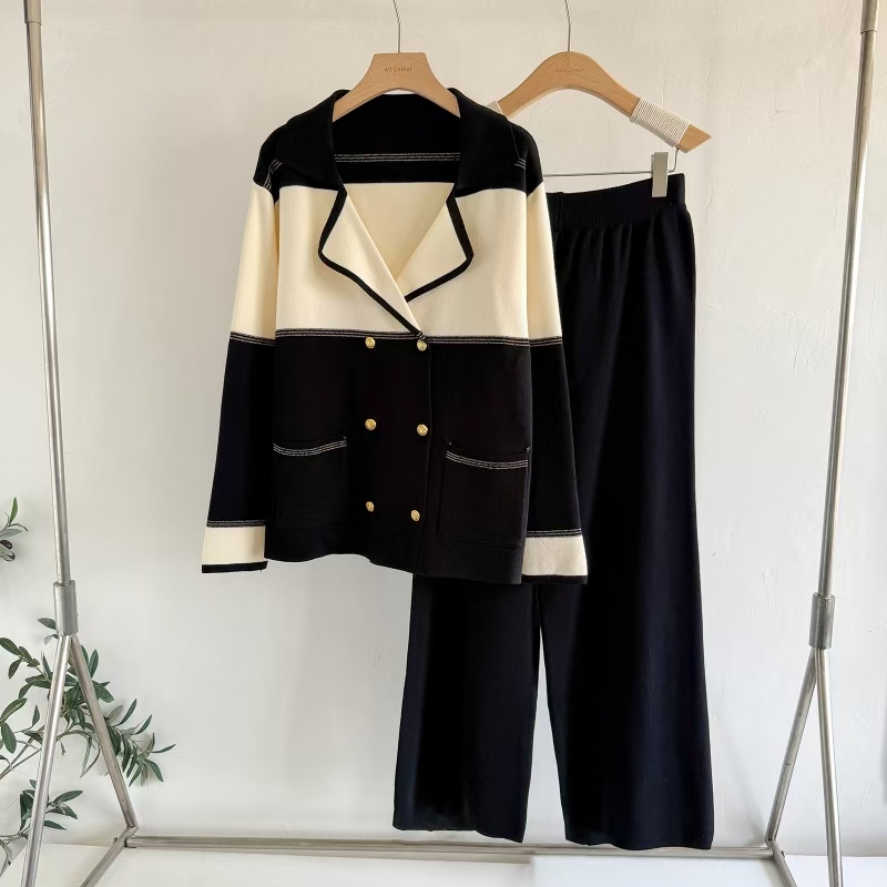 Knitted wide leg pants tops 2pcs set for women