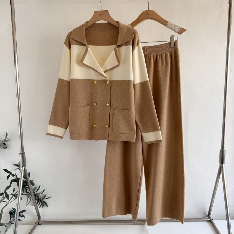 Knitted wide leg pants tops 2pcs set for women