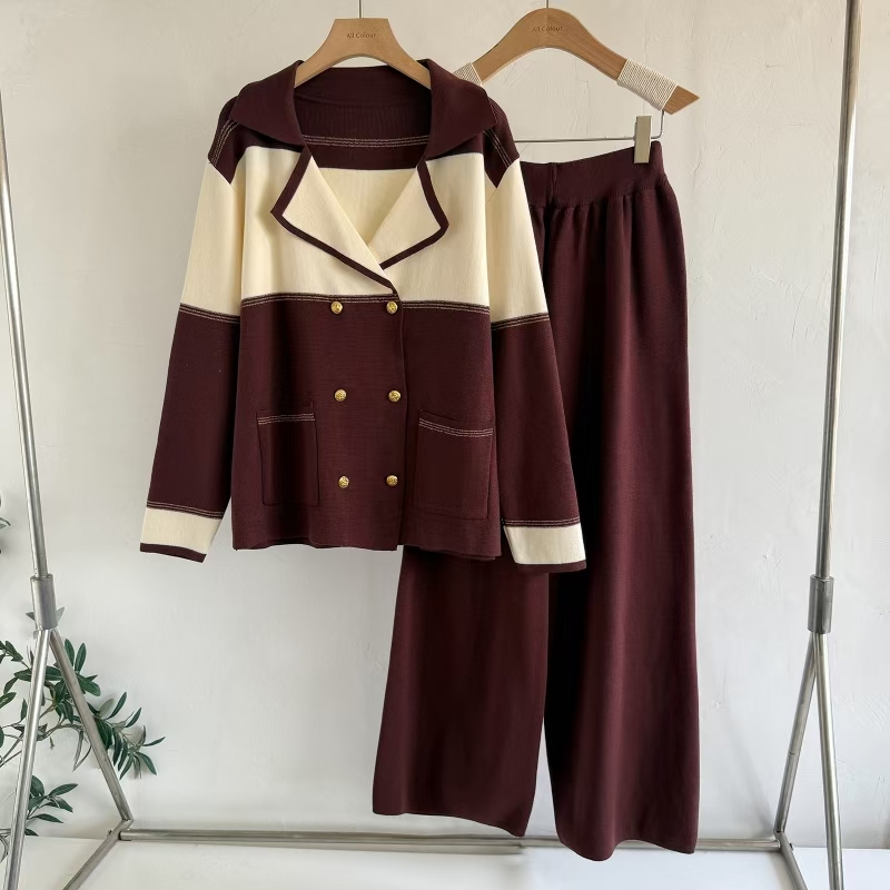 Knitted wide leg pants tops 2pcs set for women