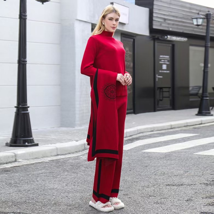 Casual wide leg pants sweater 3pcs set for women
