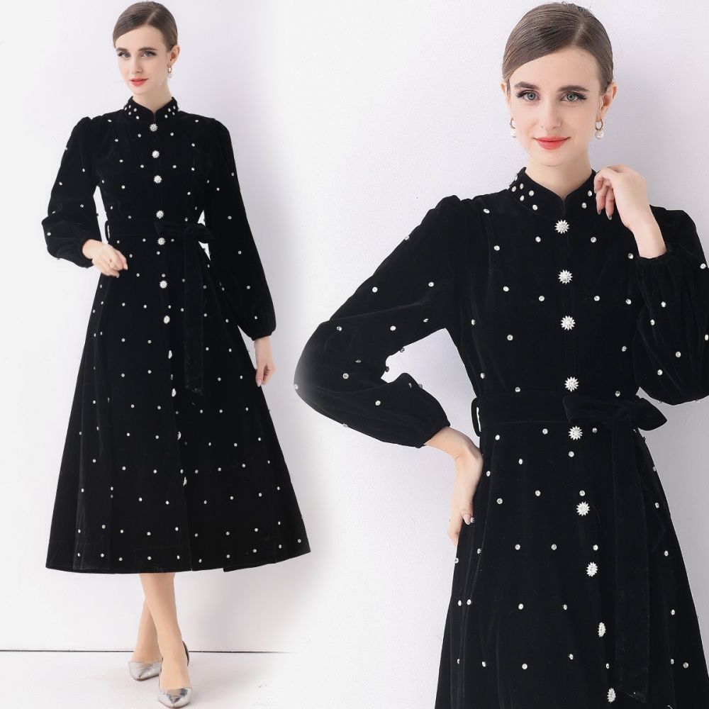Retro rhinestone formal dress single-breasted dress for women