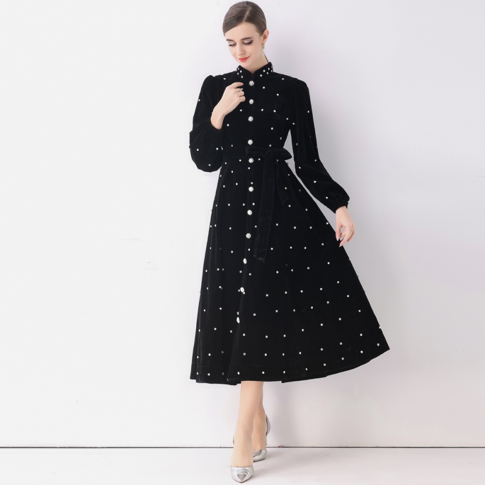 Retro rhinestone formal dress single-breasted dress for women