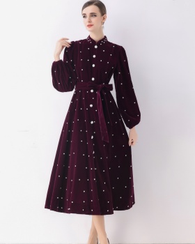 Retro Hepburn style formal dress puff sleeve dress