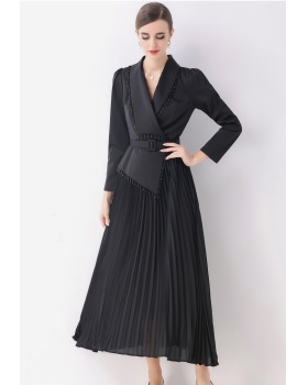 V-neck long business suit pleated temperament dress