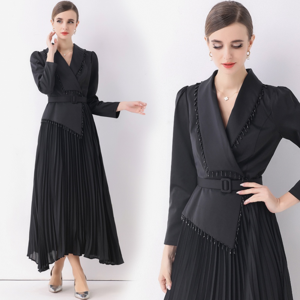 V-neck long business suit pleated temperament dress