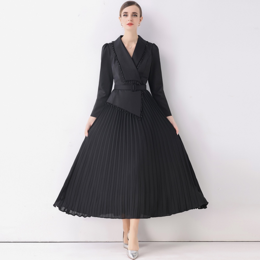 V-neck long business suit pleated temperament dress