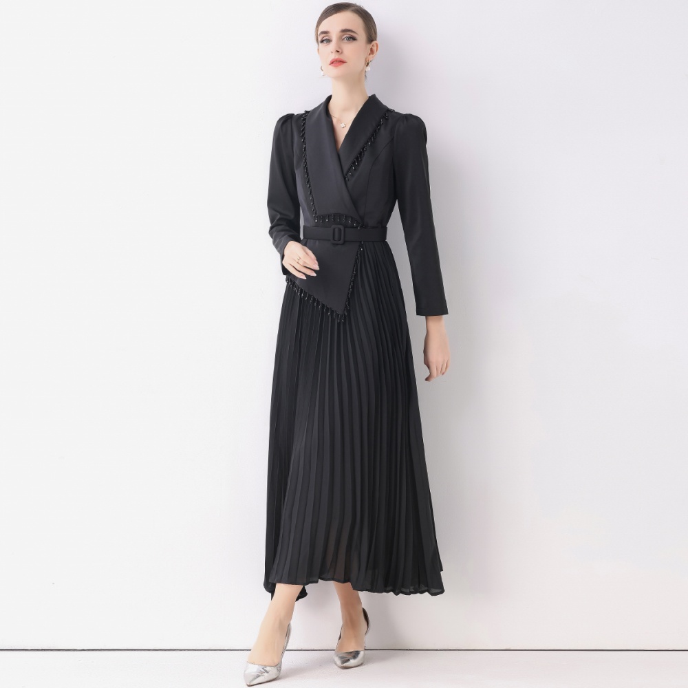 V-neck long business suit pleated temperament dress
