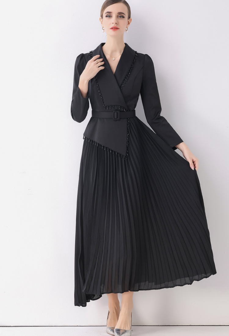 V-neck long business suit pleated temperament dress