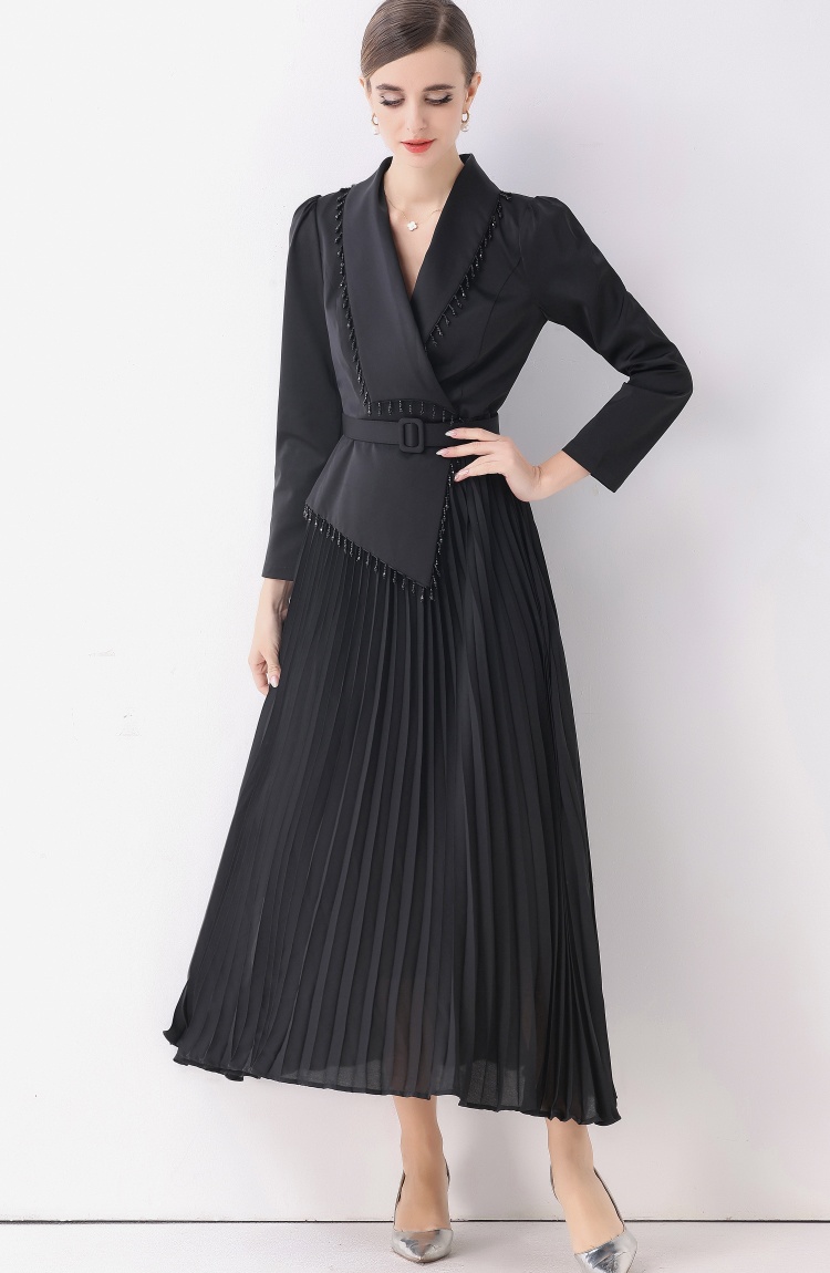 V-neck long business suit pleated temperament dress