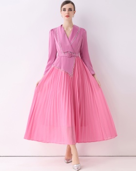 Slim beading dress pleated V-neck business suit