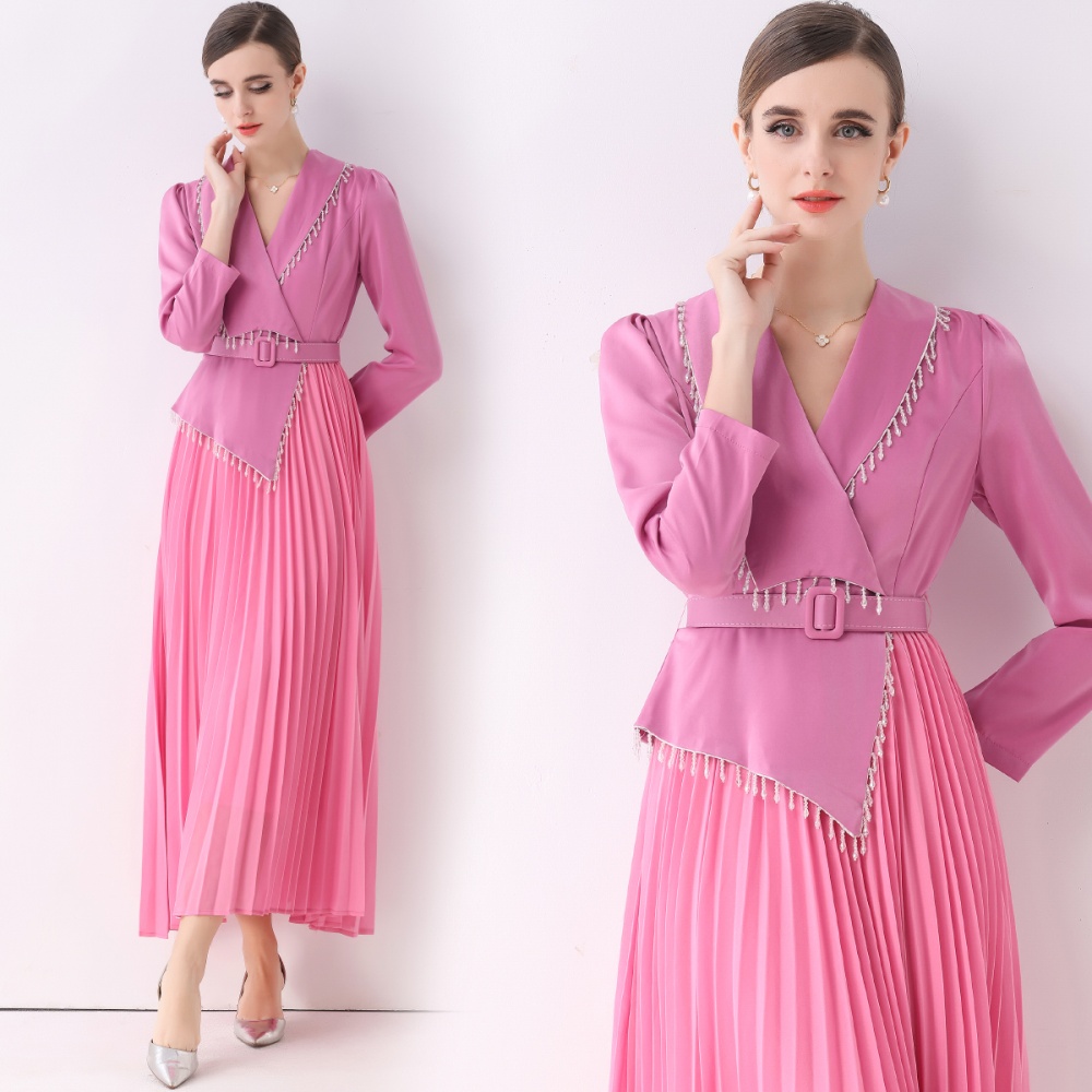 Slim beading dress pleated V-neck business suit