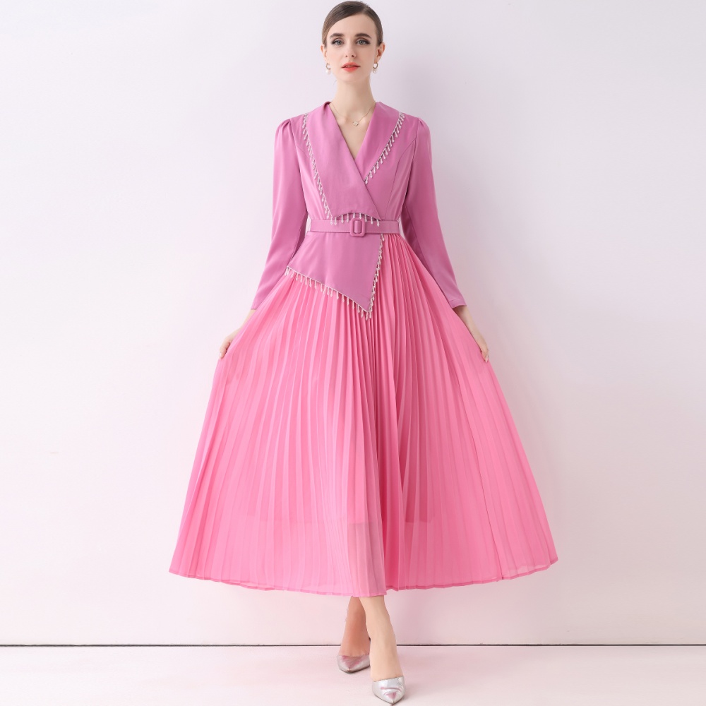 Slim beading dress pleated V-neck business suit