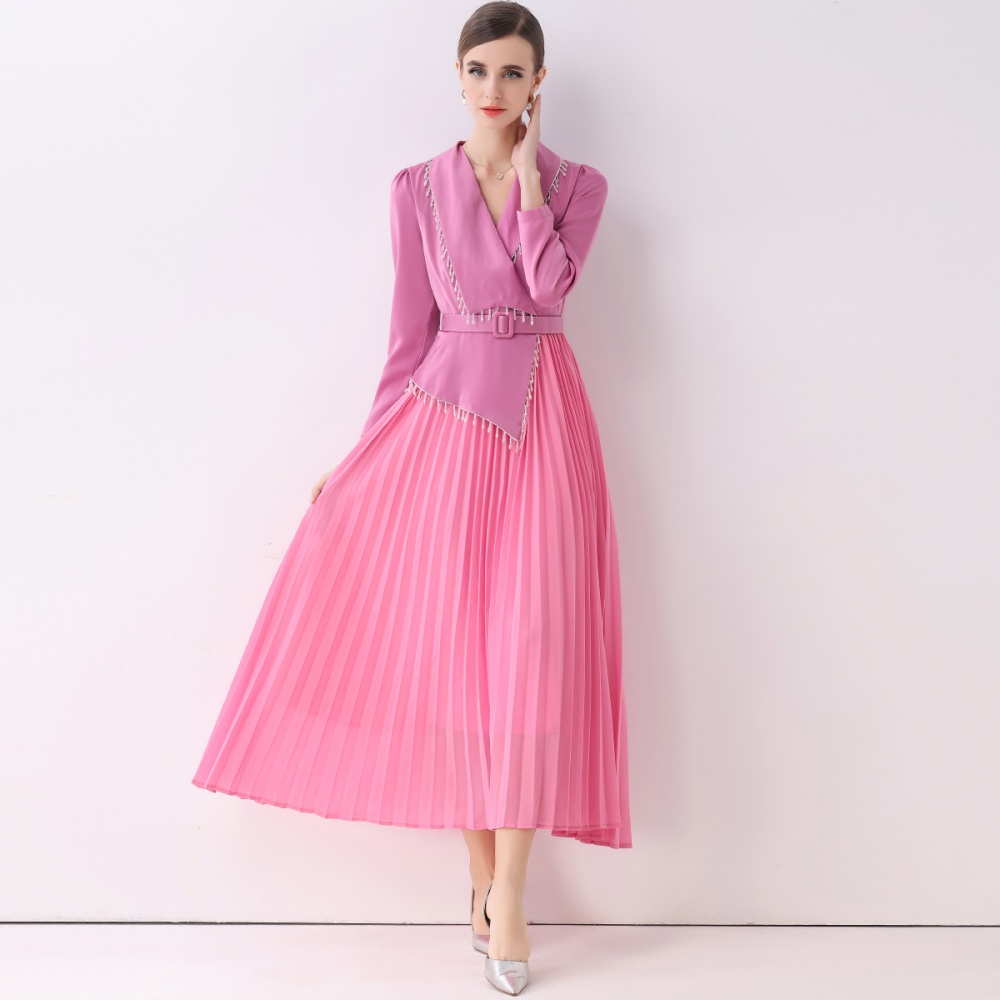 Slim beading dress pleated V-neck business suit