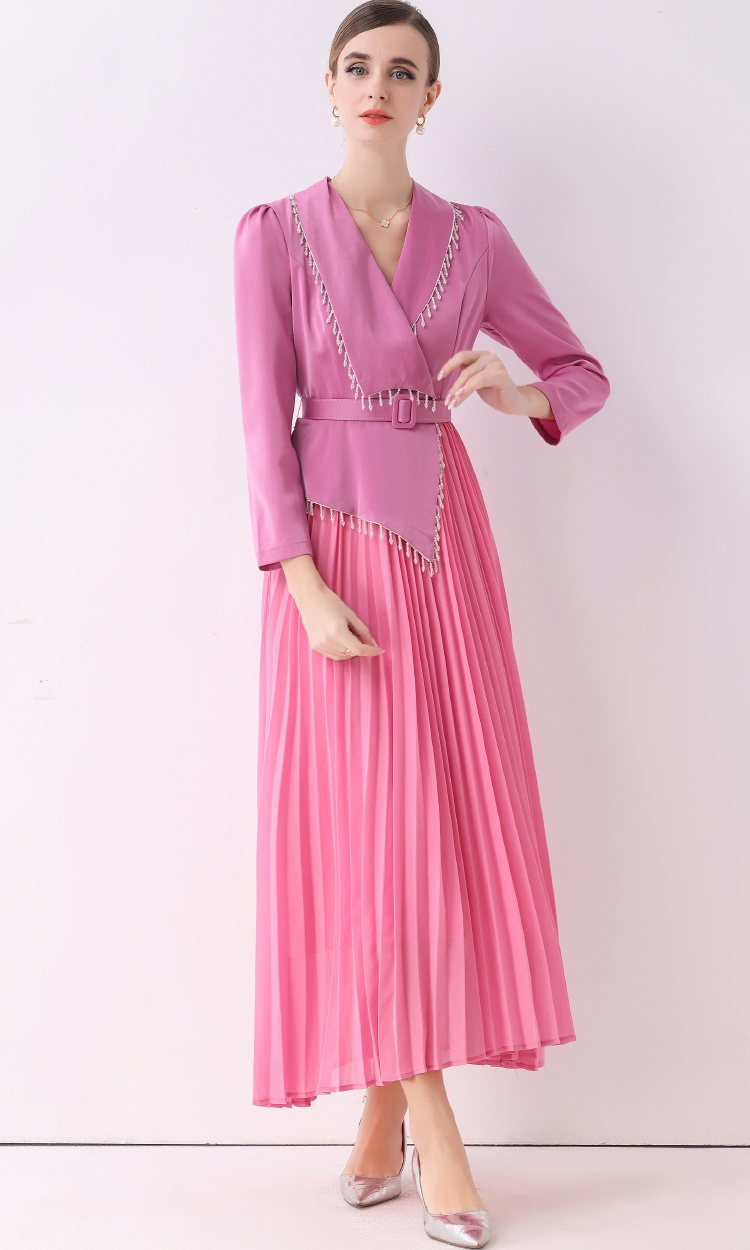Slim beading dress pleated V-neck business suit