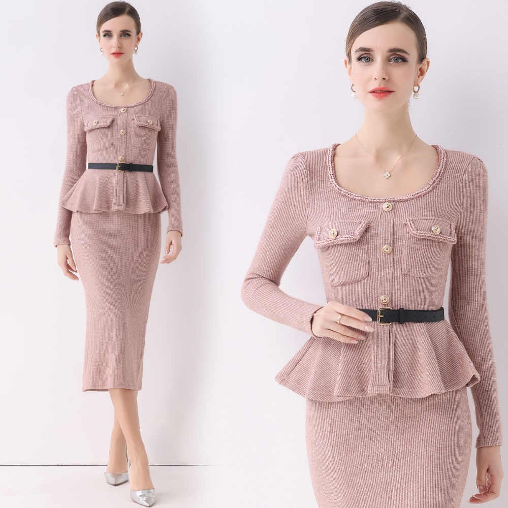 Pseudo-two France style with belt ladies dress for women