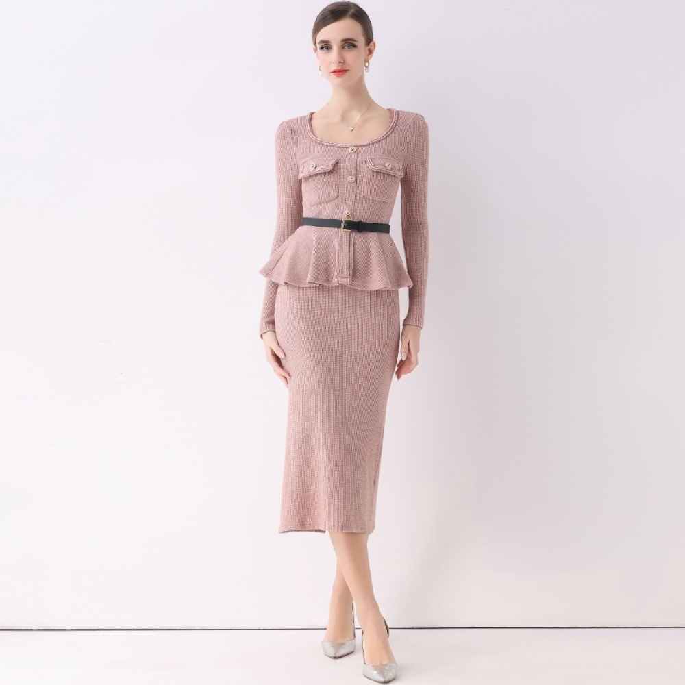 Pseudo-two France style with belt ladies dress for women