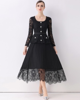 Autumn lace crimp dress lapel splice long dress