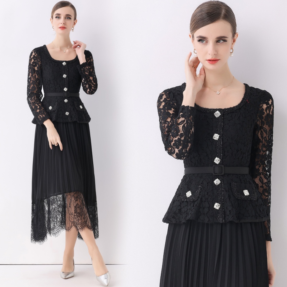 Autumn lace crimp dress lapel splice long dress