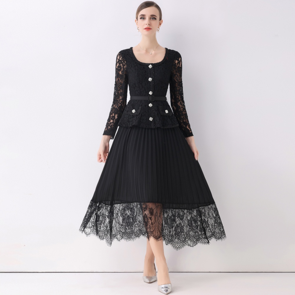 Autumn lace crimp dress lapel splice long dress