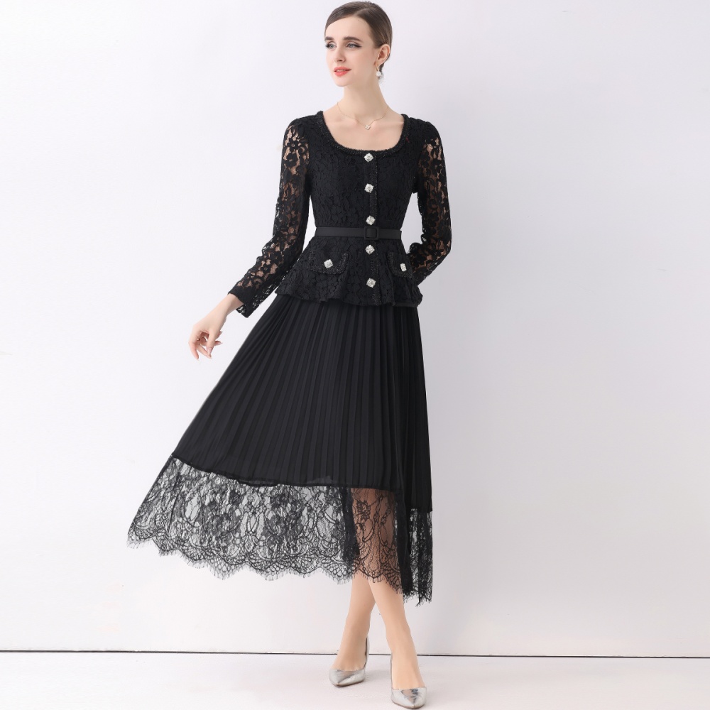 Autumn lace crimp dress lapel splice long dress