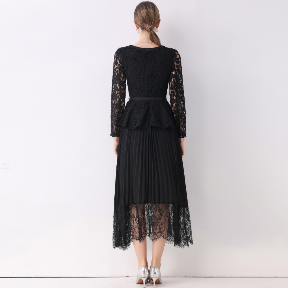 Autumn lace crimp dress lapel splice long dress