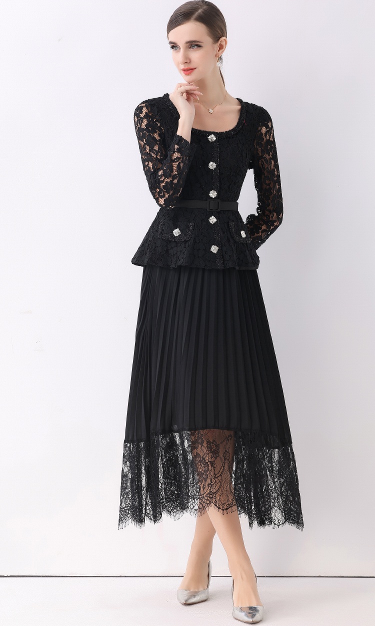 Autumn lace crimp dress lapel splice long dress