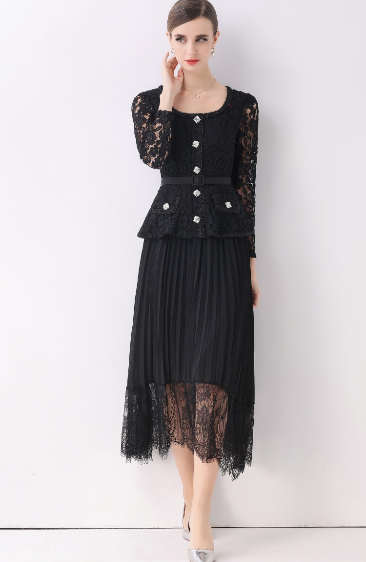 Autumn lace crimp dress lapel splice long dress