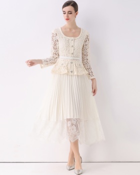 Lapel autumn dress pinched waist long dress for women