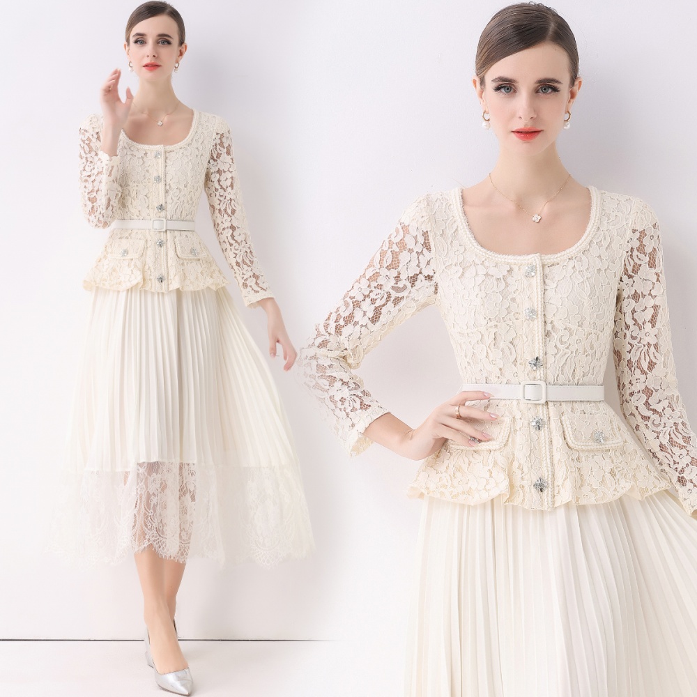 Lapel autumn dress pinched waist long dress for women