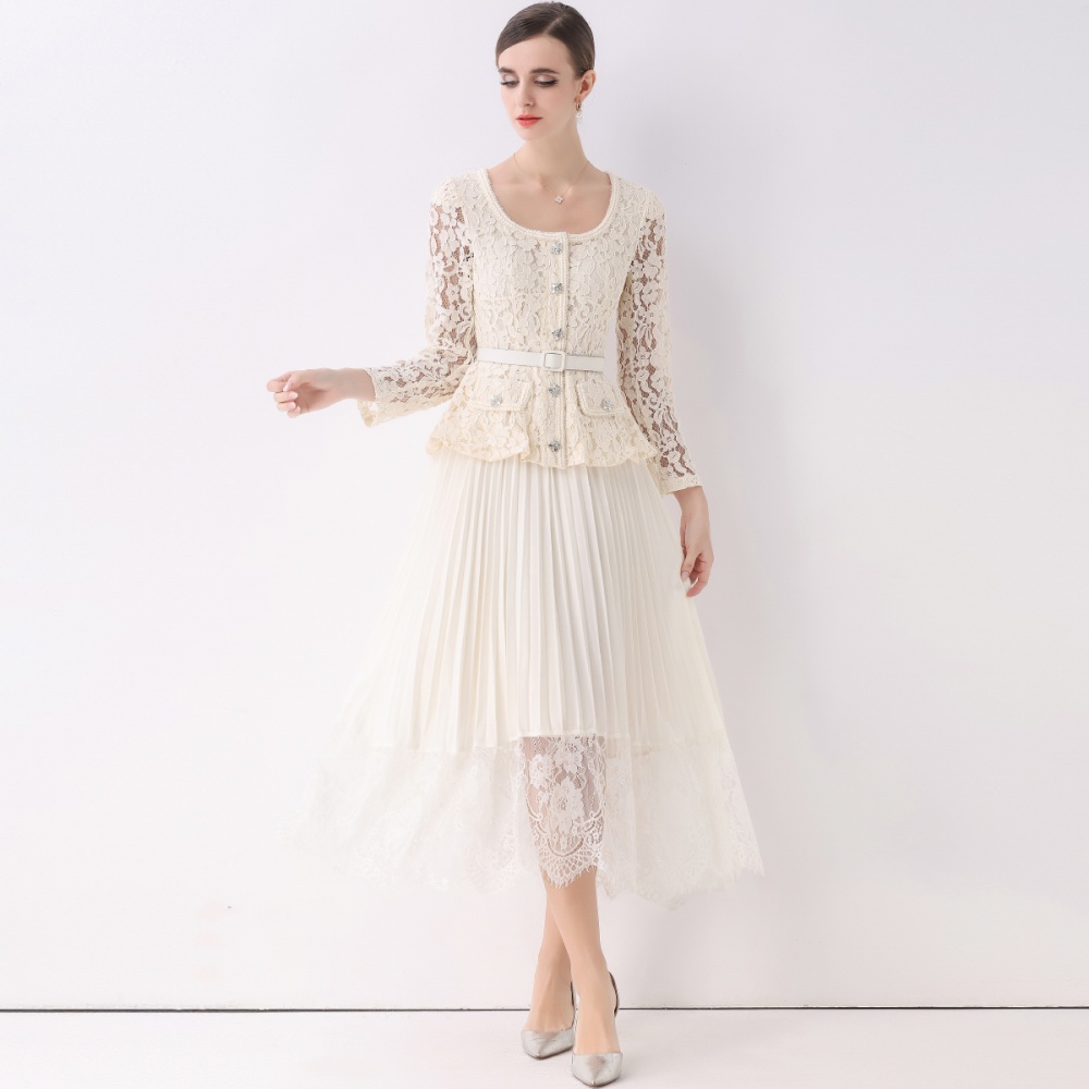 Lapel autumn dress pinched waist long dress for women
