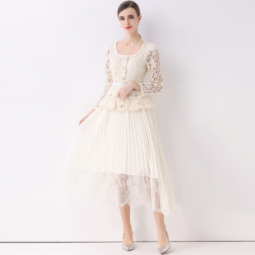 Lapel autumn dress pinched waist long dress for women