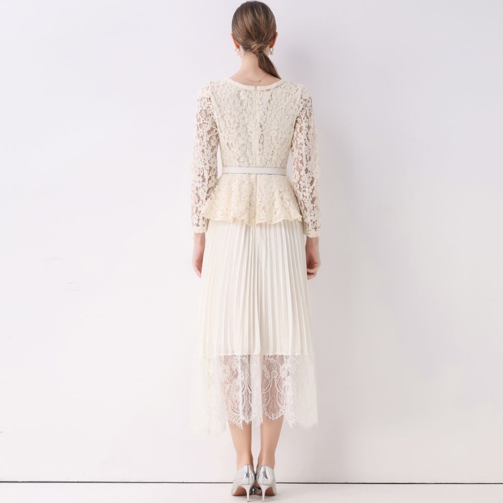 Lapel autumn dress pinched waist long dress for women