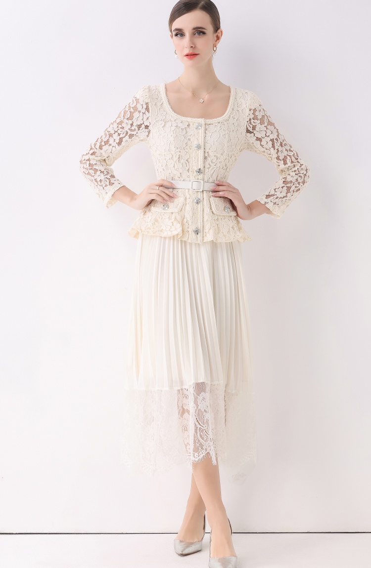Lapel autumn dress pinched waist long dress for women