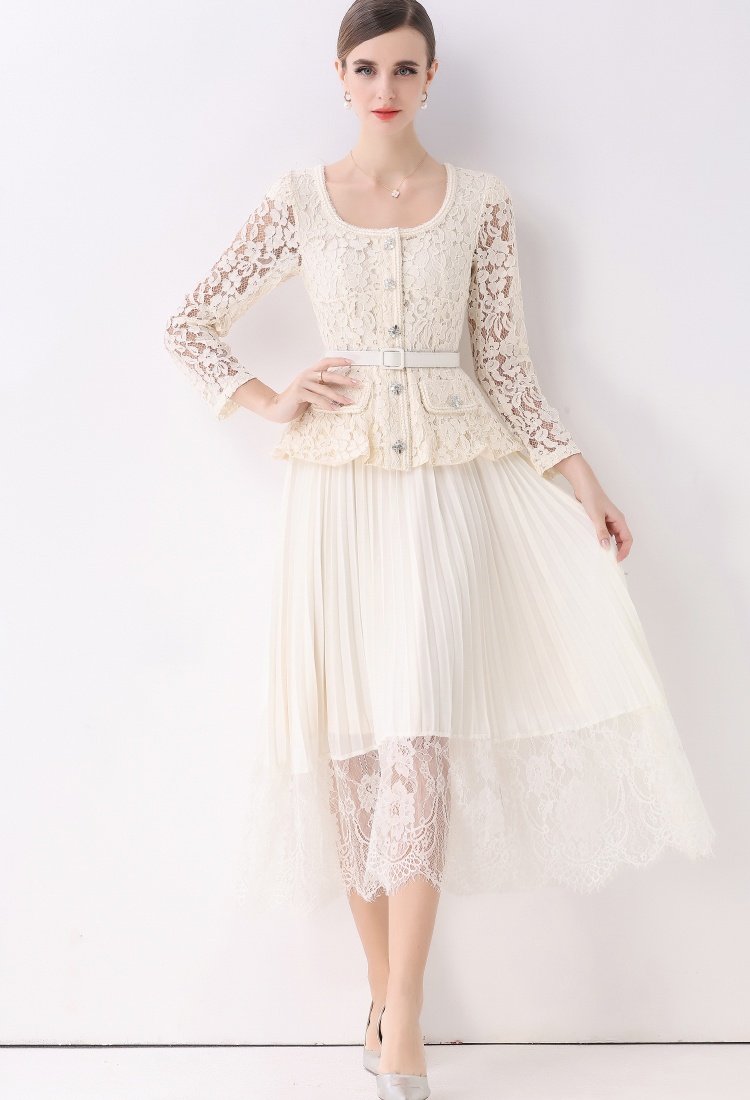 Lapel autumn dress pinched waist long dress for women
