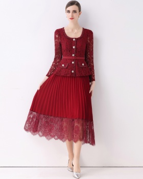 Lace with belt dress splice crimp long dress for women