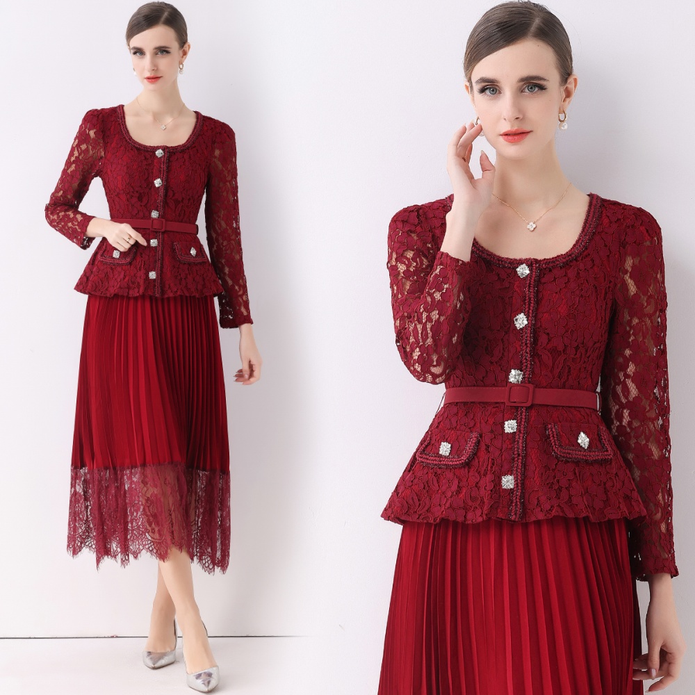 Lace with belt dress splice crimp long dress for women