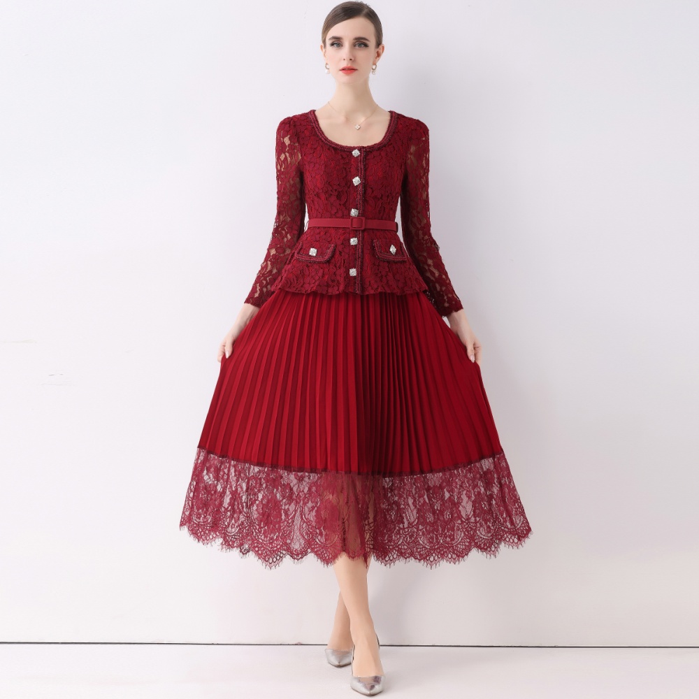 Lace with belt dress splice crimp long dress for women