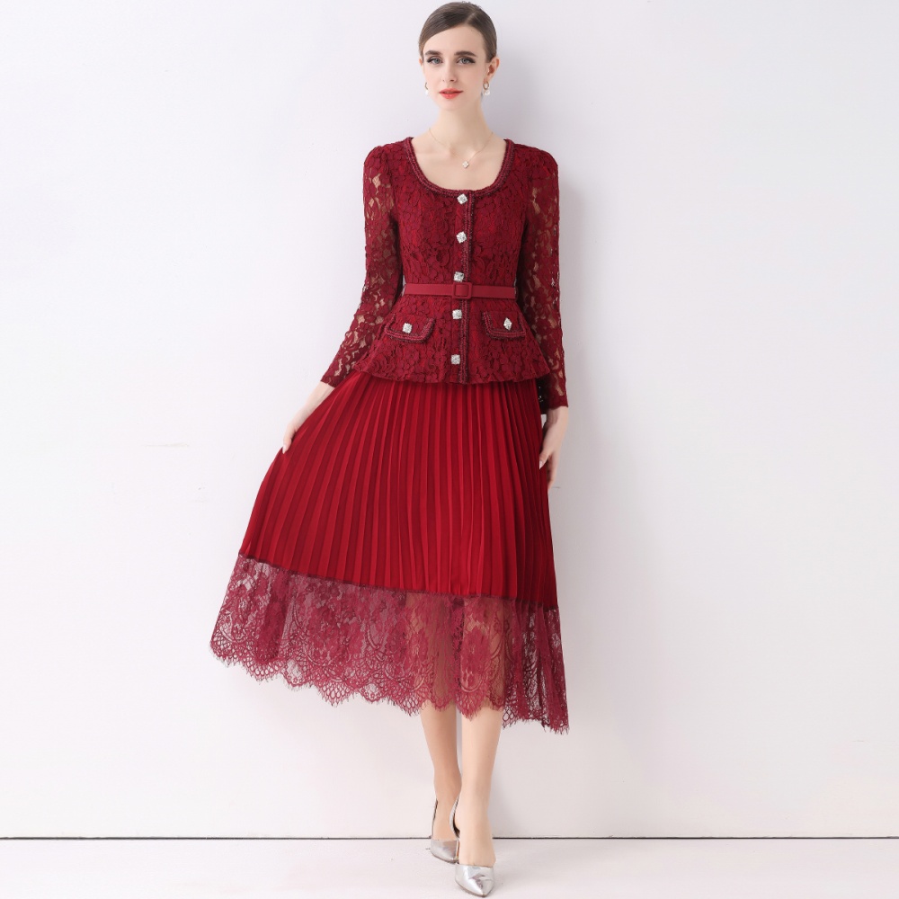 Lace with belt dress splice crimp long dress for women
