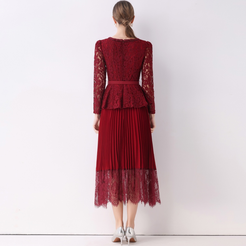 Lace with belt dress splice crimp long dress for women