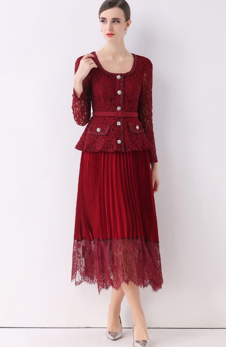 Lace with belt dress splice crimp long dress for women