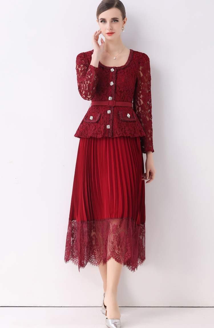 Lace with belt dress splice crimp long dress for women