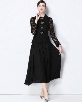 With belt Pseudo-two dress pleated long dress