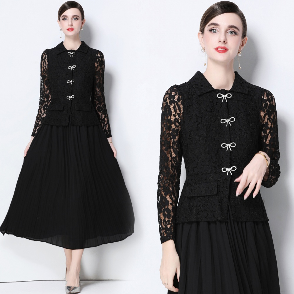 With belt Pseudo-two dress pleated long dress